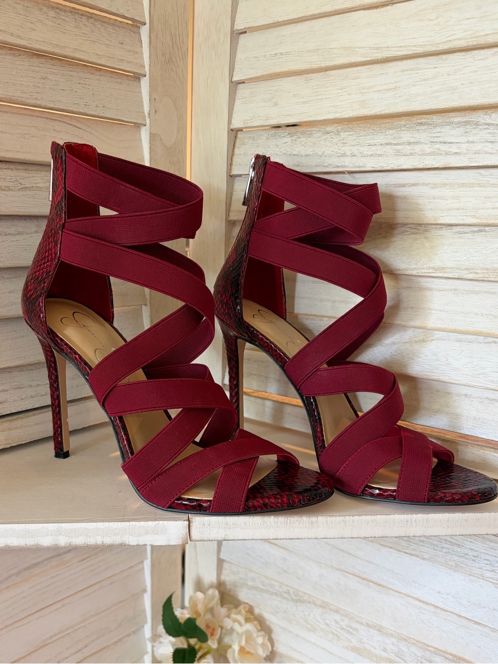 Jessica Simpson Burgundy Crisscross Strappy High Heels